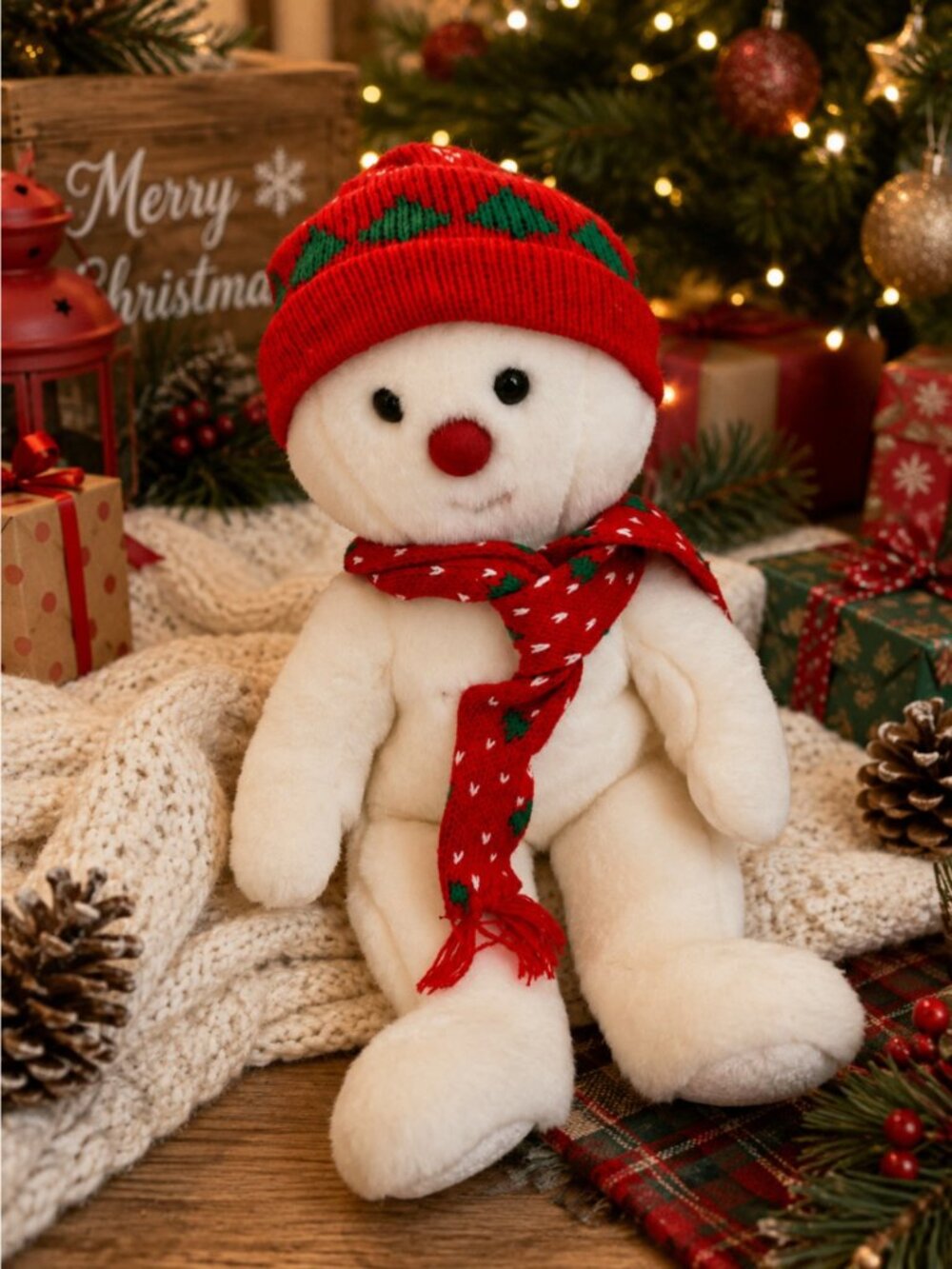 TY Beanie Original Buddy Snowman Plush Stuffed Animal Red Hat Scarf Vintage 1999
